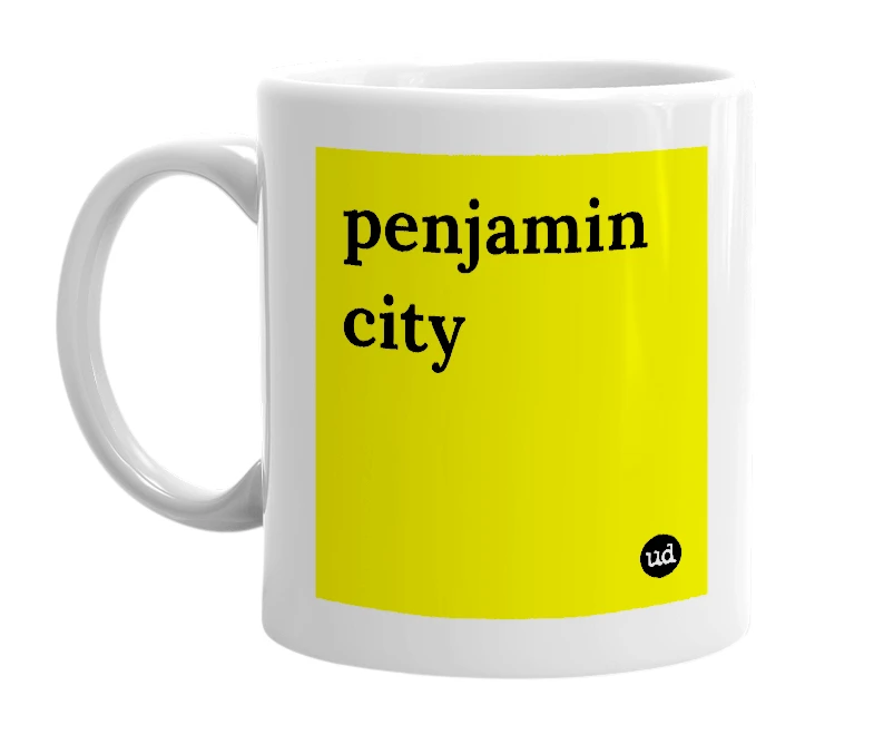 White mug with 'penjamin city' in bold black letters