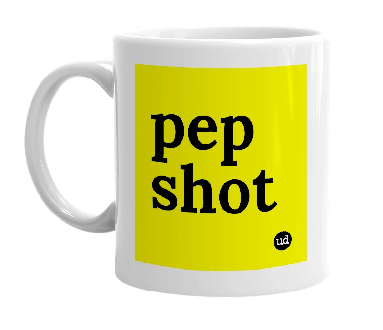 White mug with 'pep shot' in bold black letters