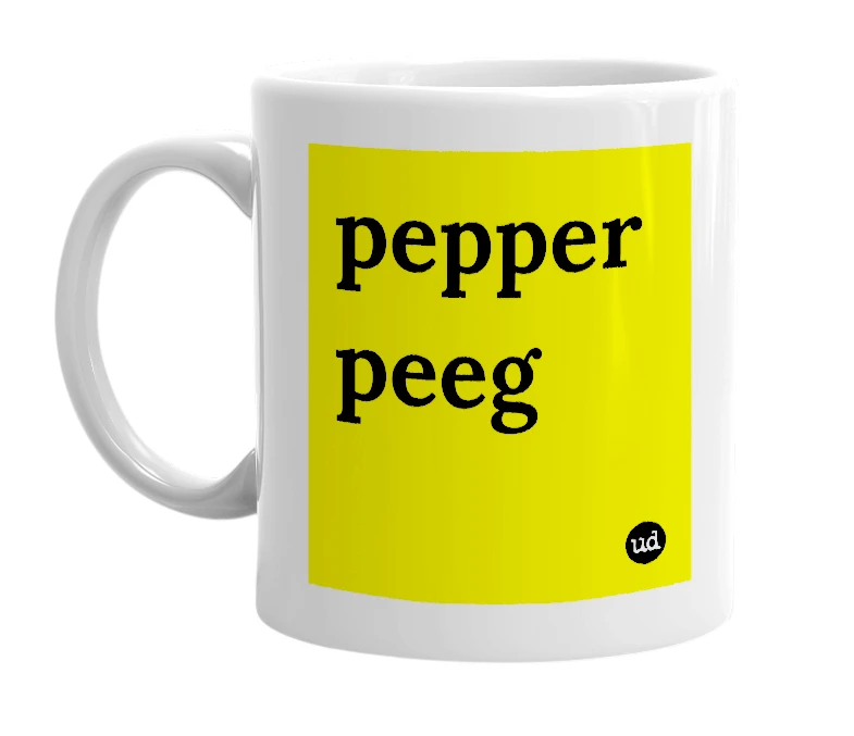 White mug with 'pepper peeg' in bold black letters