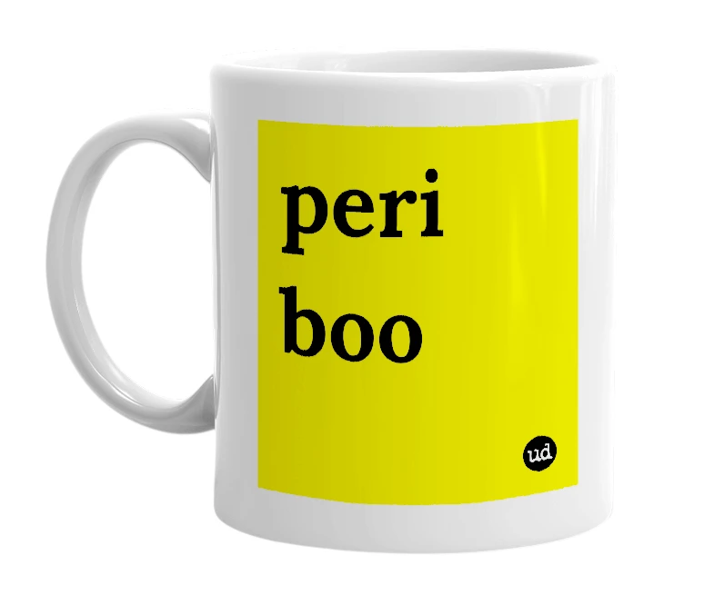 White mug with 'peri boo' in bold black letters