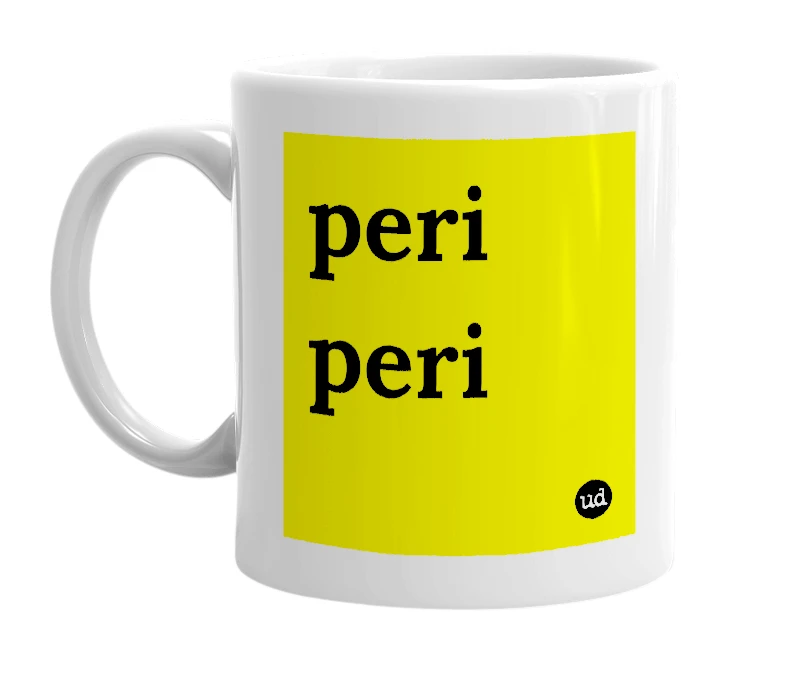 White mug with 'peri peri' in bold black letters