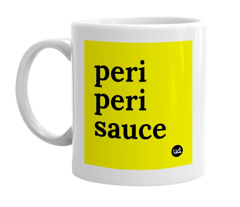 White mug with 'peri peri sauce' in bold black letters