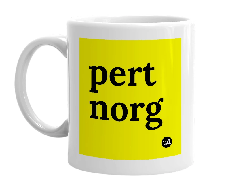 White mug with 'pert norg' in bold black letters