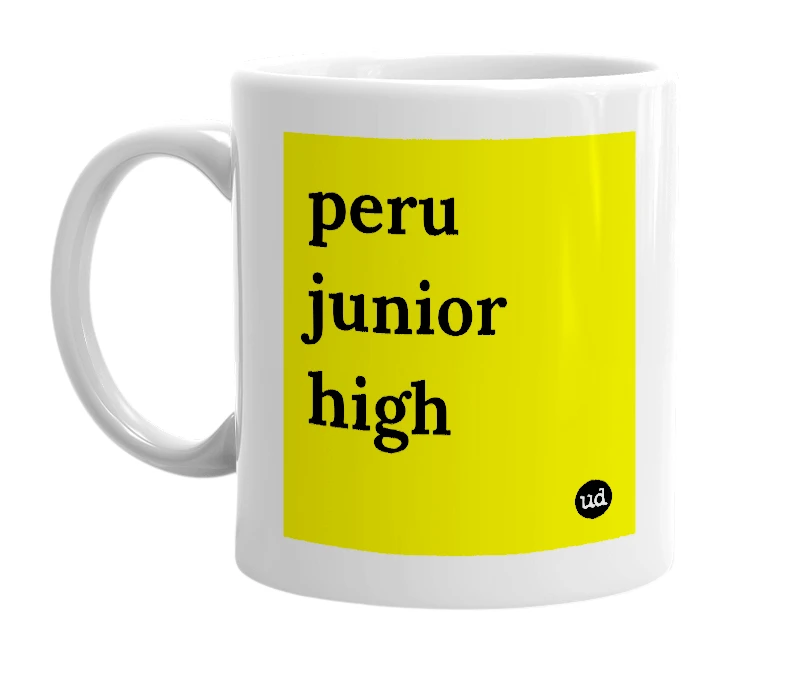 White mug with 'peru junior high' in bold black letters