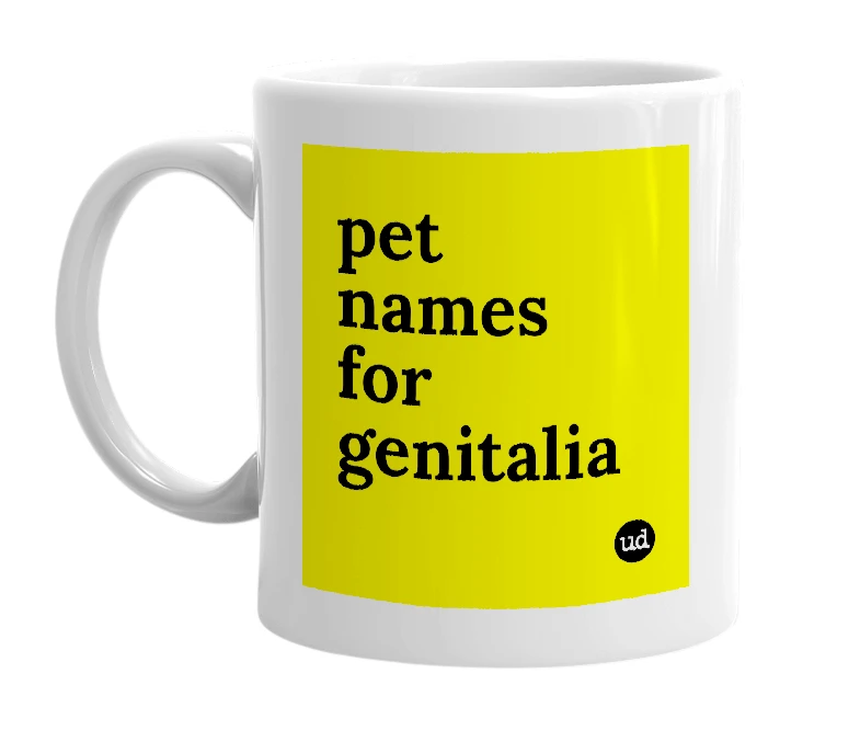White mug with 'pet names for genitalia' in bold black letters