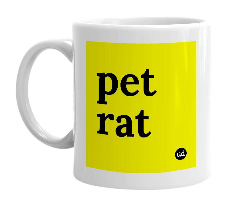 White mug with 'pet rat' in bold black letters