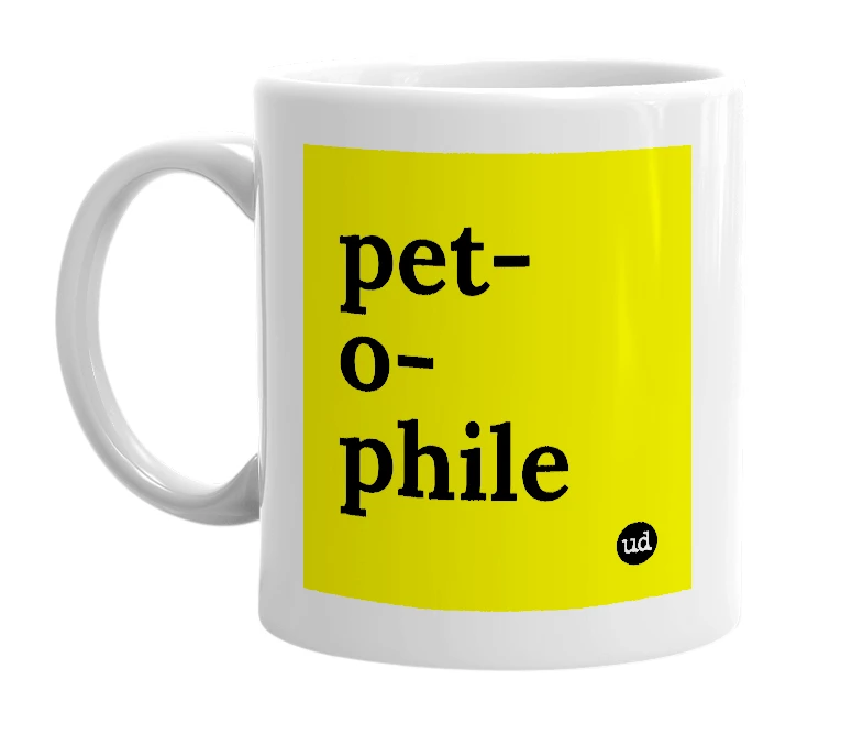 White mug with 'pet-o-phile' in bold black letters