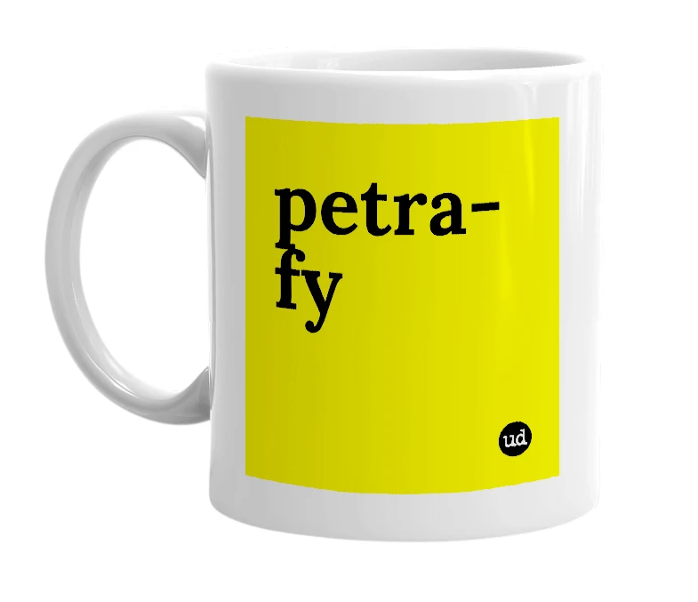 White mug with 'petra-fy' in bold black letters