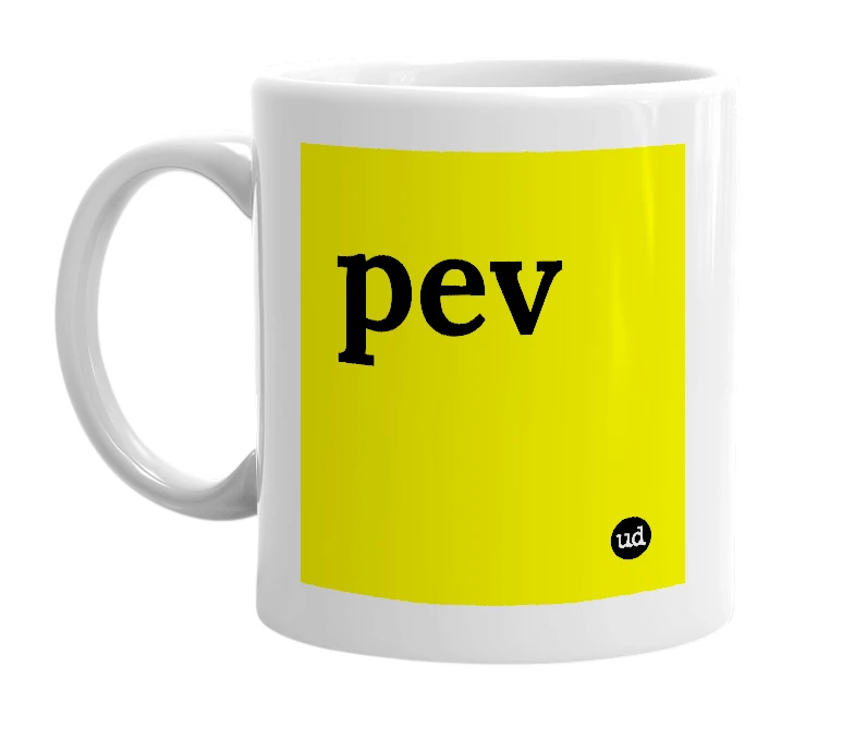 White mug with 'pev' in bold black letters