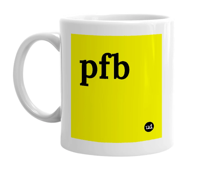 White mug with 'pfb' in bold black letters