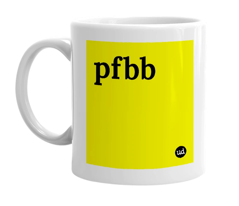 White mug with 'pfbb' in bold black letters