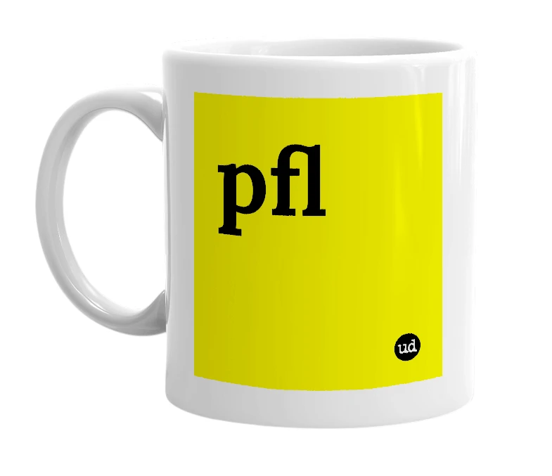White mug with 'pfl' in bold black letters