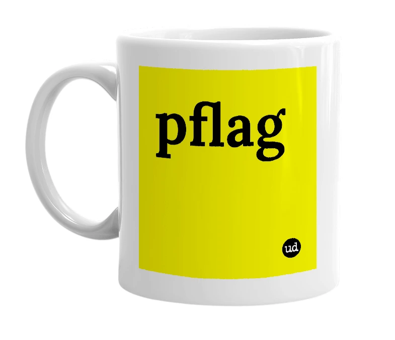 White mug with 'pflag' in bold black letters