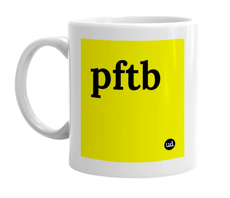 White mug with 'pftb' in bold black letters