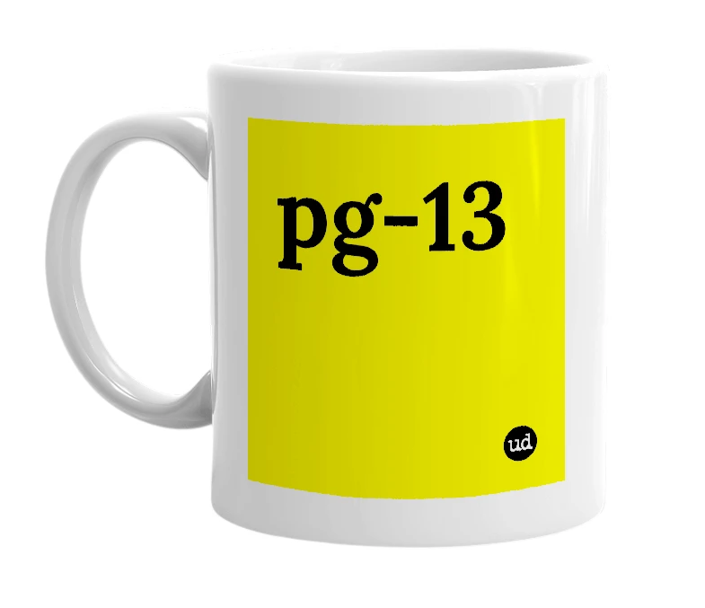 White mug with 'pg-13' in bold black letters