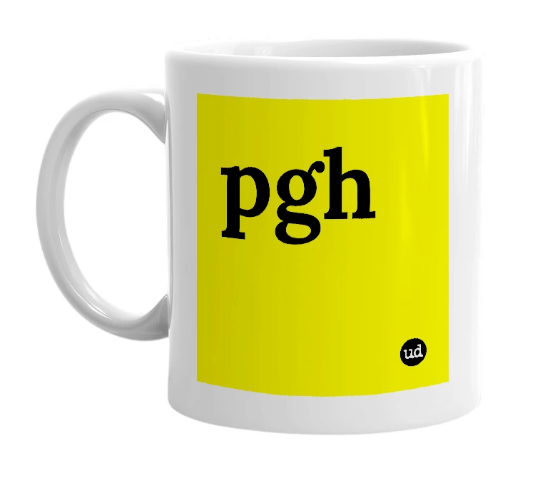 White mug with 'pgh' in bold black letters