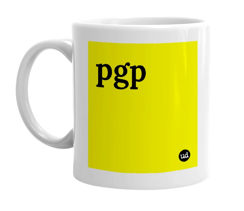 White mug with 'pgp' in bold black letters