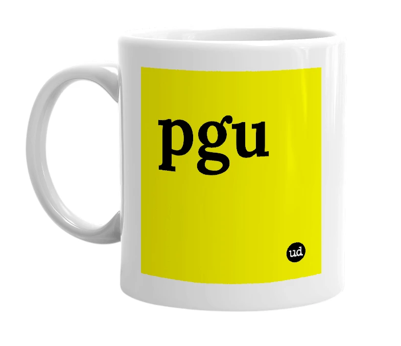 White mug with 'pgu' in bold black letters