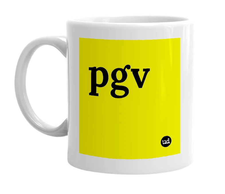 White mug with 'pgv' in bold black letters