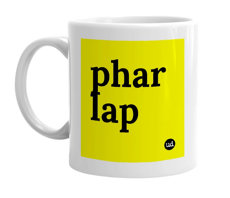 White mug with 'phar lap' in bold black letters