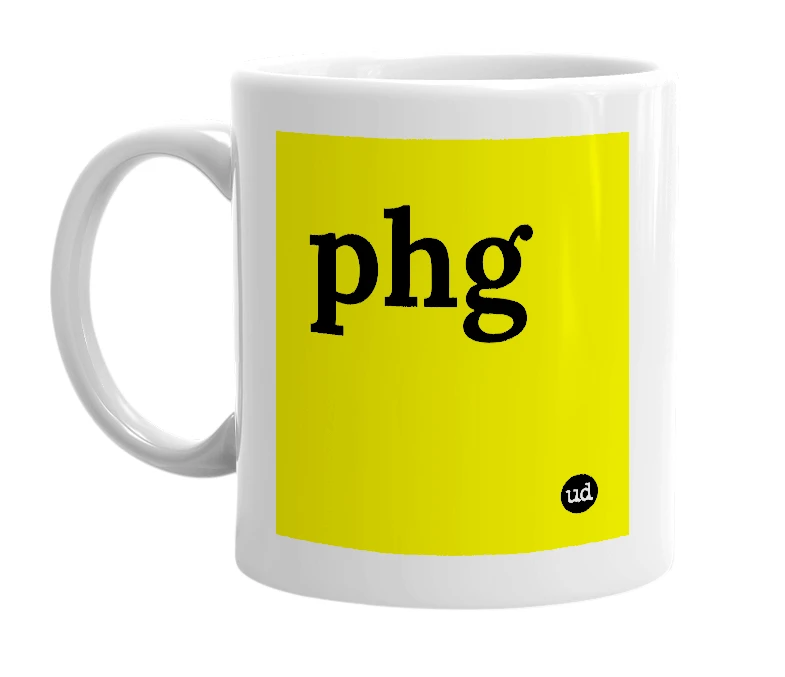 White mug with 'phg' in bold black letters