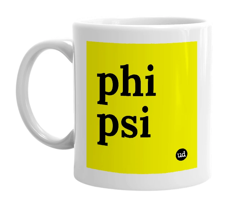 White mug with 'phi psi' in bold black letters