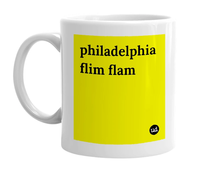 White mug with 'philadelphia flim flam' in bold black letters