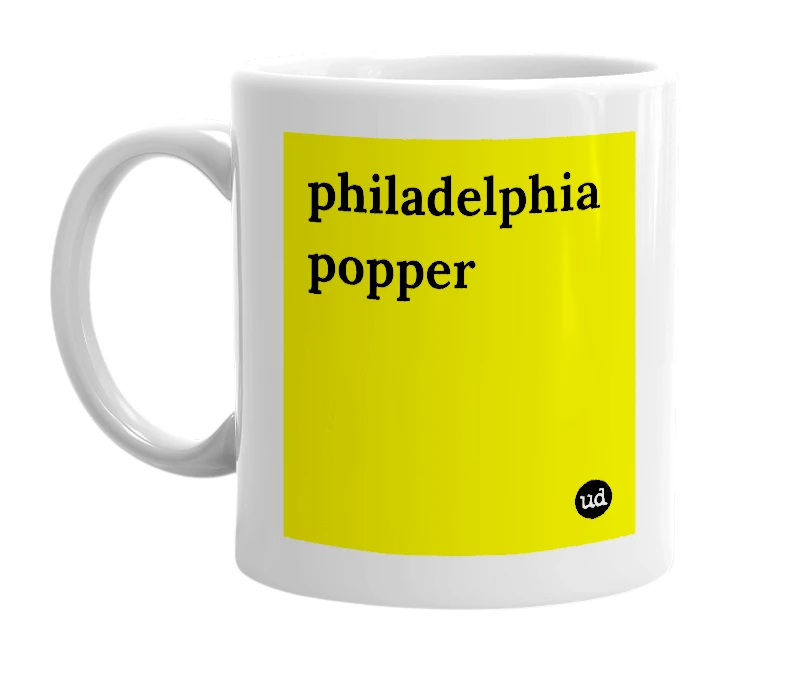 White mug with 'philadelphia popper' in bold black letters