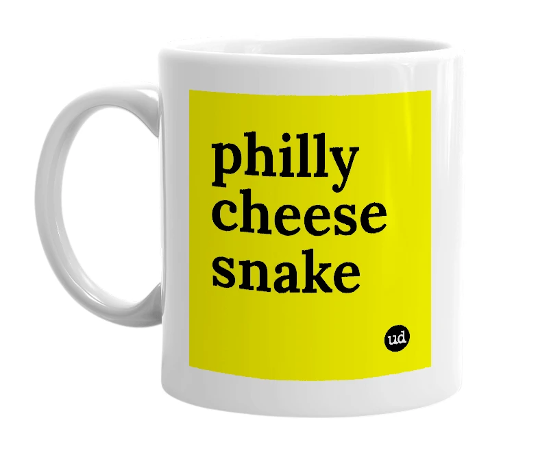 White mug with 'philly cheese snake' in bold black letters
