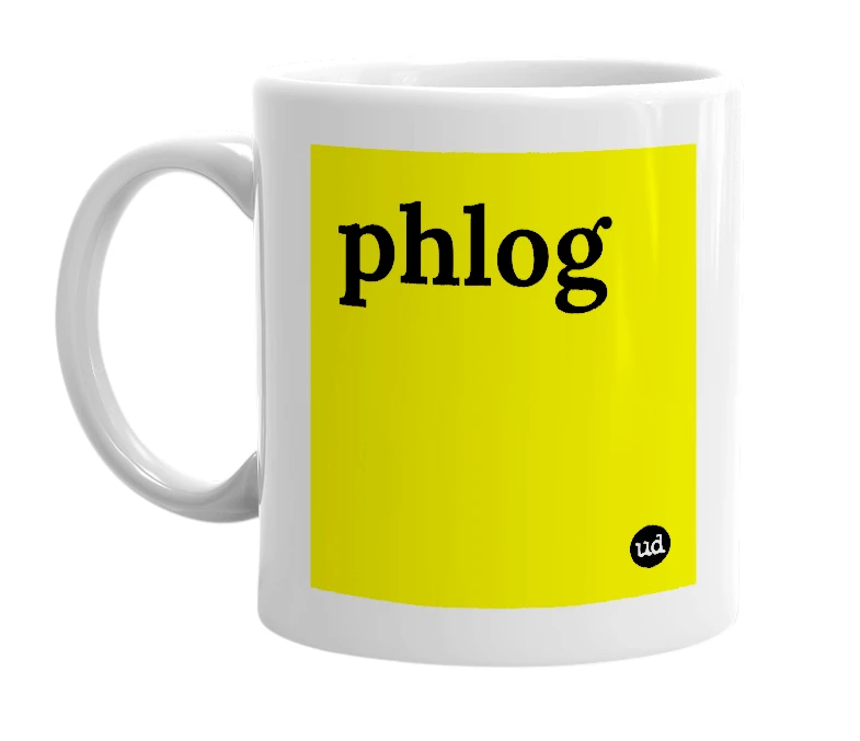 White mug with 'phlog' in bold black letters