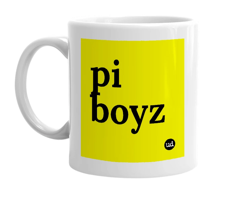 White mug with 'pi boyz' in bold black letters