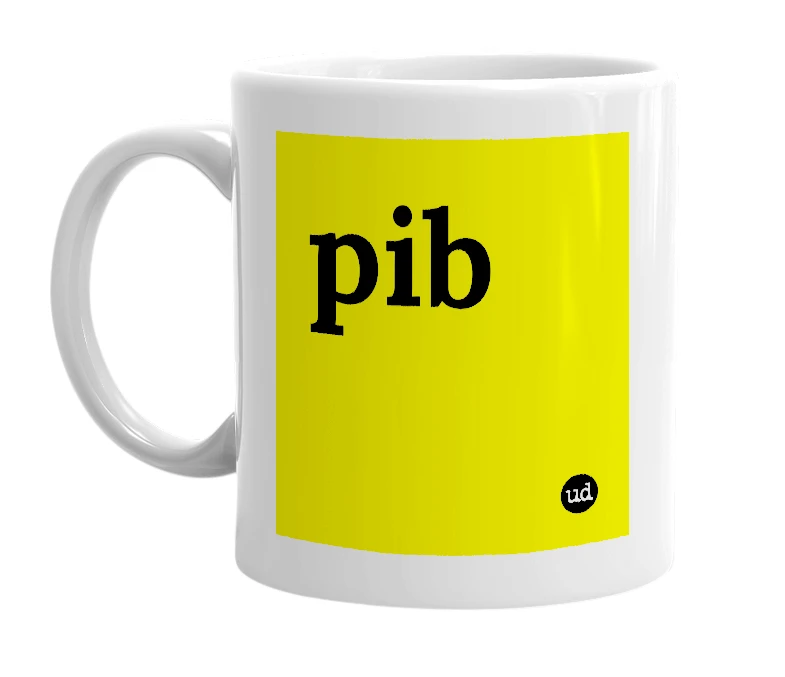 White mug with 'pib' in bold black letters