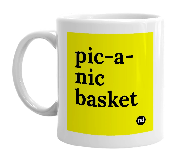 White mug with 'pic-a-nic basket' in bold black letters