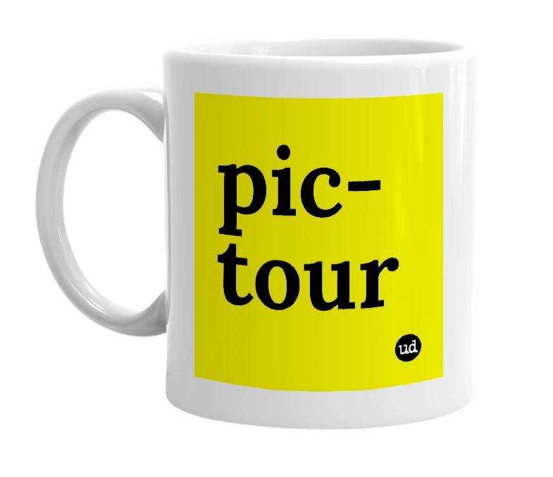 White mug with 'pic-tour' in bold black letters