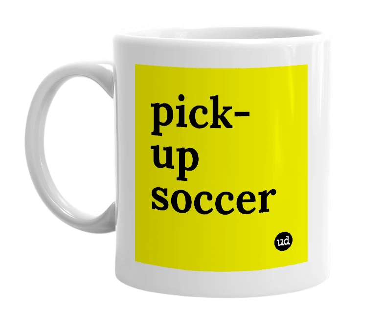 White mug with 'pick-up soccer' in bold black letters