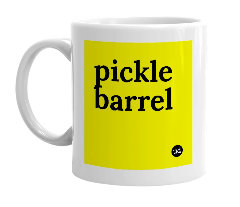 White mug with 'pickle barrel' in bold black letters