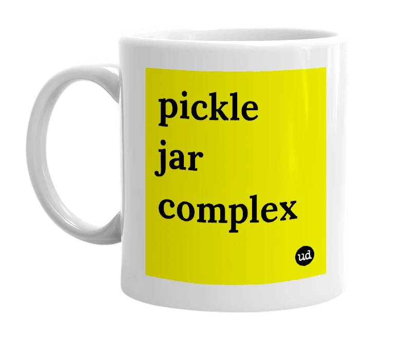 White mug with 'pickle jar complex' in bold black letters