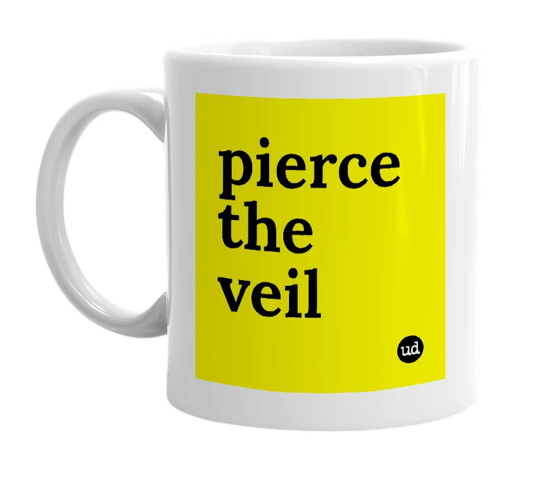White mug with 'pierce the veil' in bold black letters