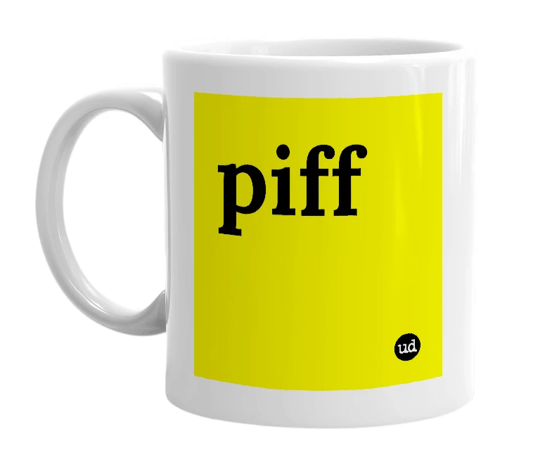 White mug with 'piff' in bold black letters
