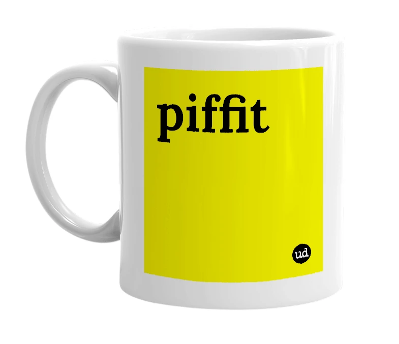 White mug with 'piffit' in bold black letters