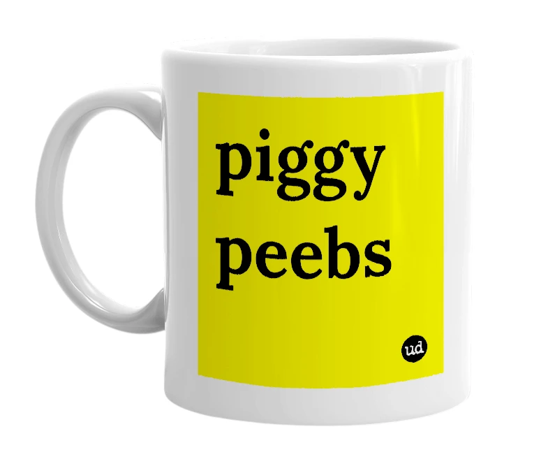 White mug with 'piggy peebs' in bold black letters