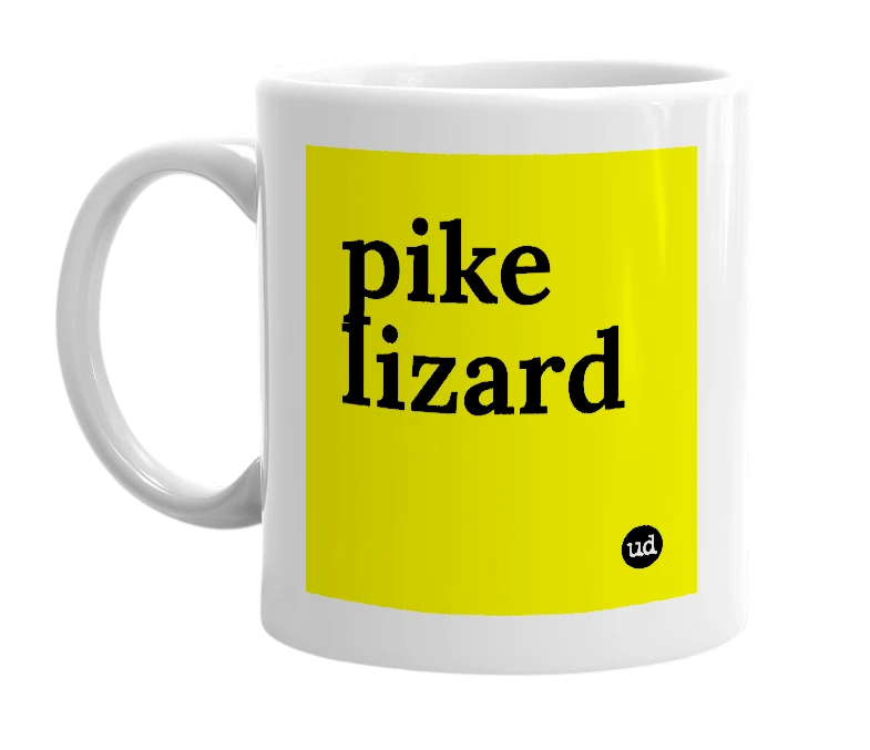 White mug with 'pike lizard' in bold black letters