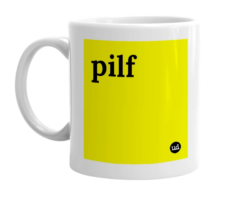 White mug with 'pilf' in bold black letters