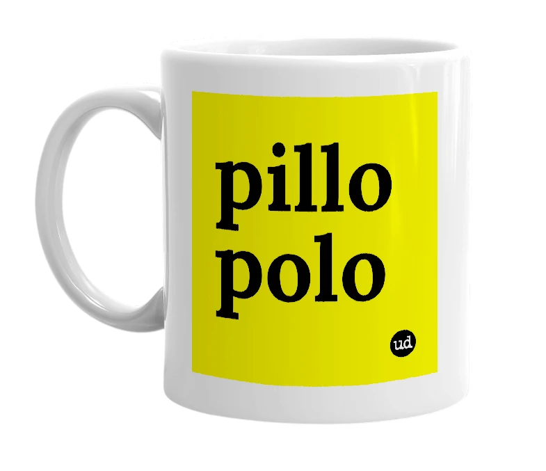 White mug with 'pillo polo' in bold black letters