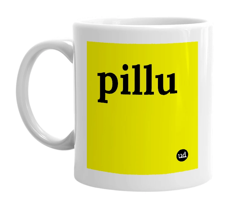 White mug with 'pillu' in bold black letters