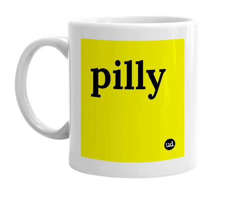 White mug with 'pilly' in bold black letters