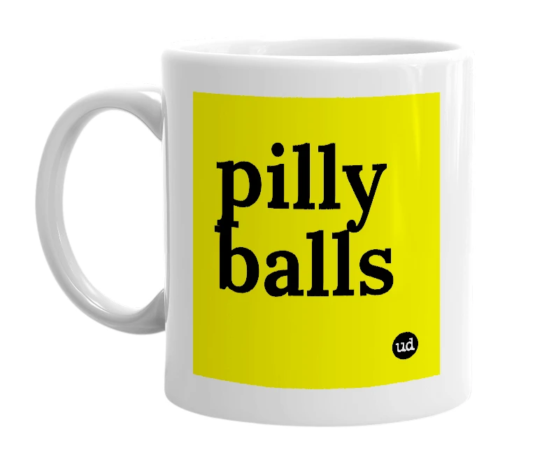 White mug with 'pilly balls' in bold black letters