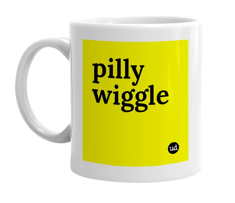 White mug with 'pilly wiggle' in bold black letters