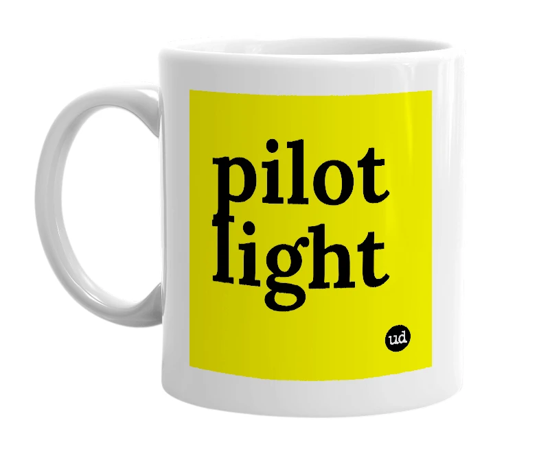 White mug with 'pilot light' in bold black letters