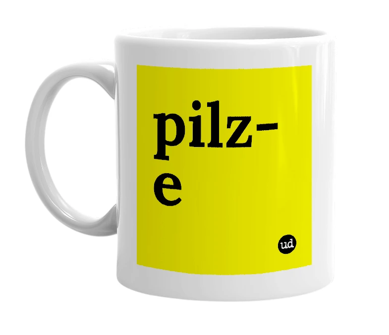 White mug with 'pilz-e' in bold black letters